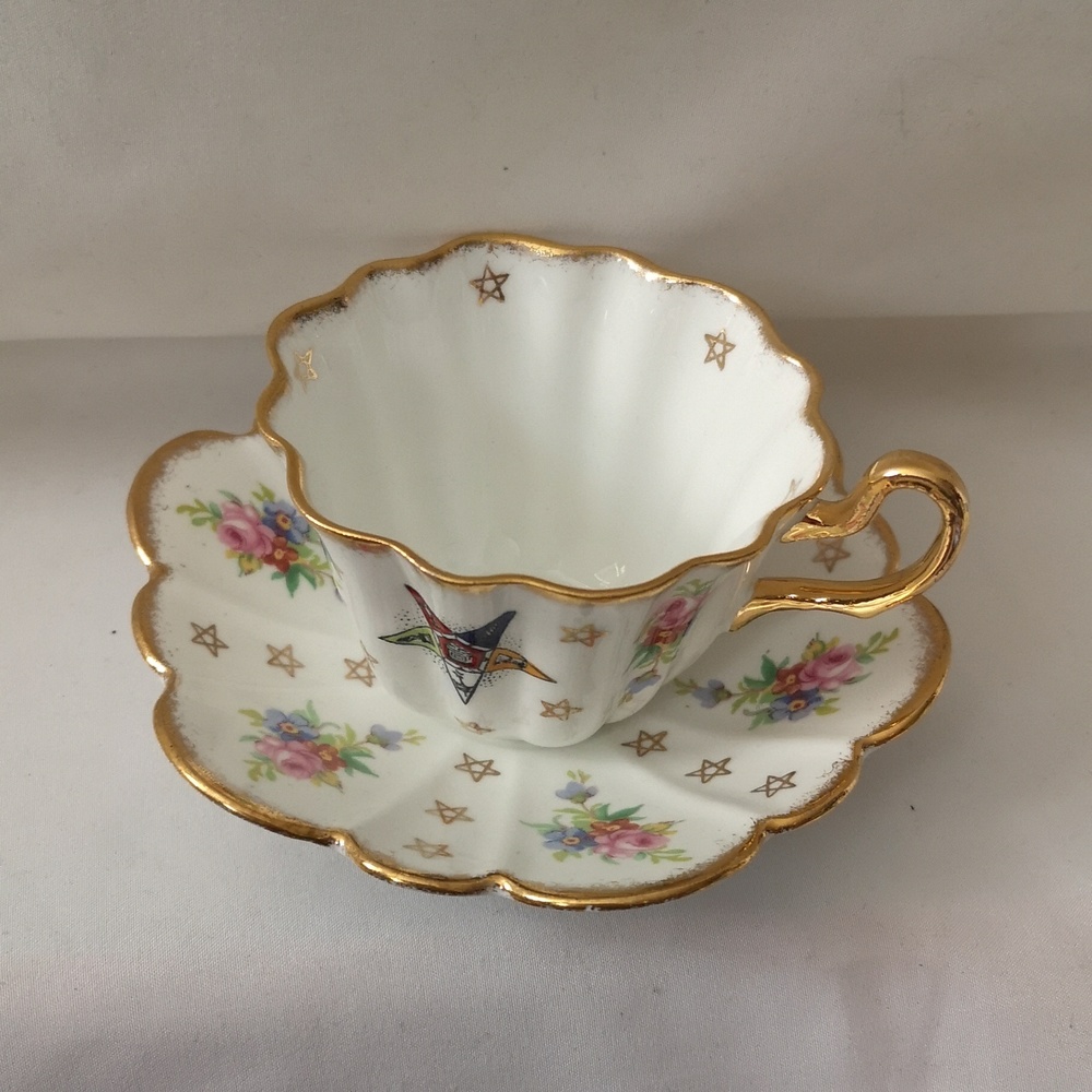 Vintage Masonic Order of the Eastern Star Teacup and Saucer Set w Gold Accents